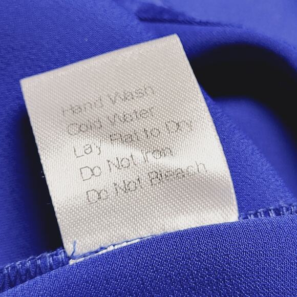 NEW Ming Wang Top Ruffled Tie Keyhole Neck Crepe De Chine Blouse Deep Sky Sz S - Picture 15 of 15